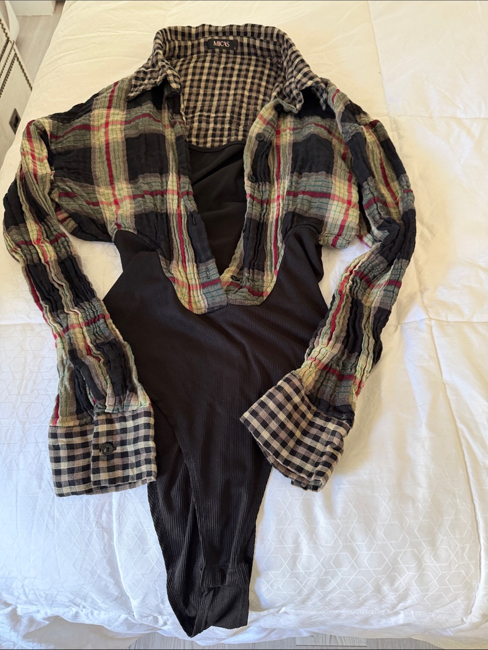 MinkPink Black Ribbed Bodysuit with Plaid Shirt Detail